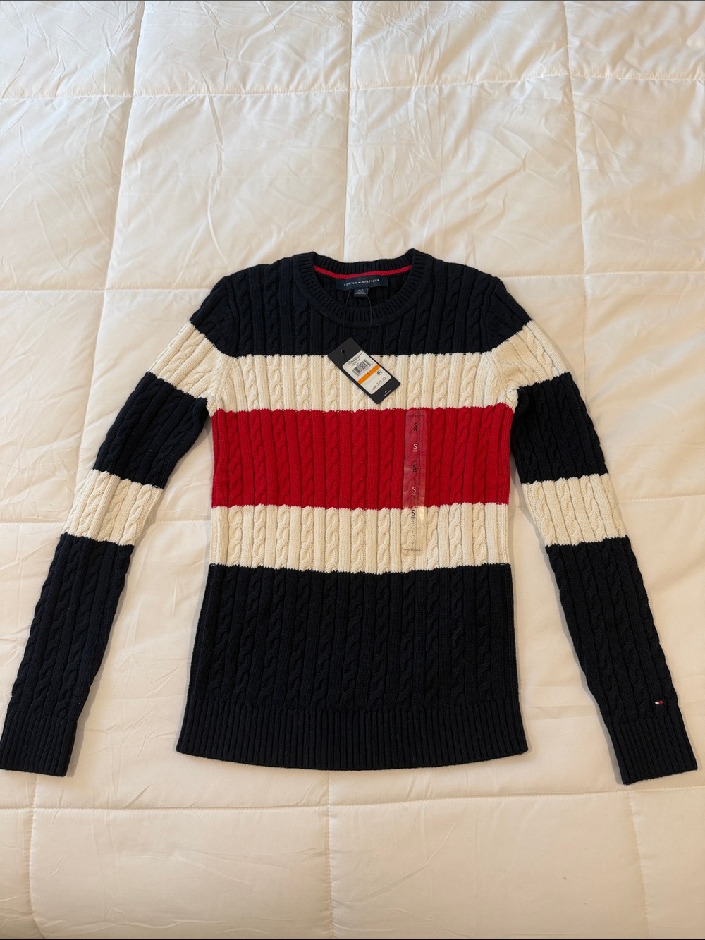 Tommy Hilfiger Cable Knit Crewneck Sweater — Navy, Cream & Red